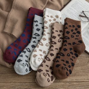 Spotted Leopard Print Women Socks Cotton Terry Tube Thickened Warm Socks Cotton Korean Japanese Style Eur35 - Leopard Print Store